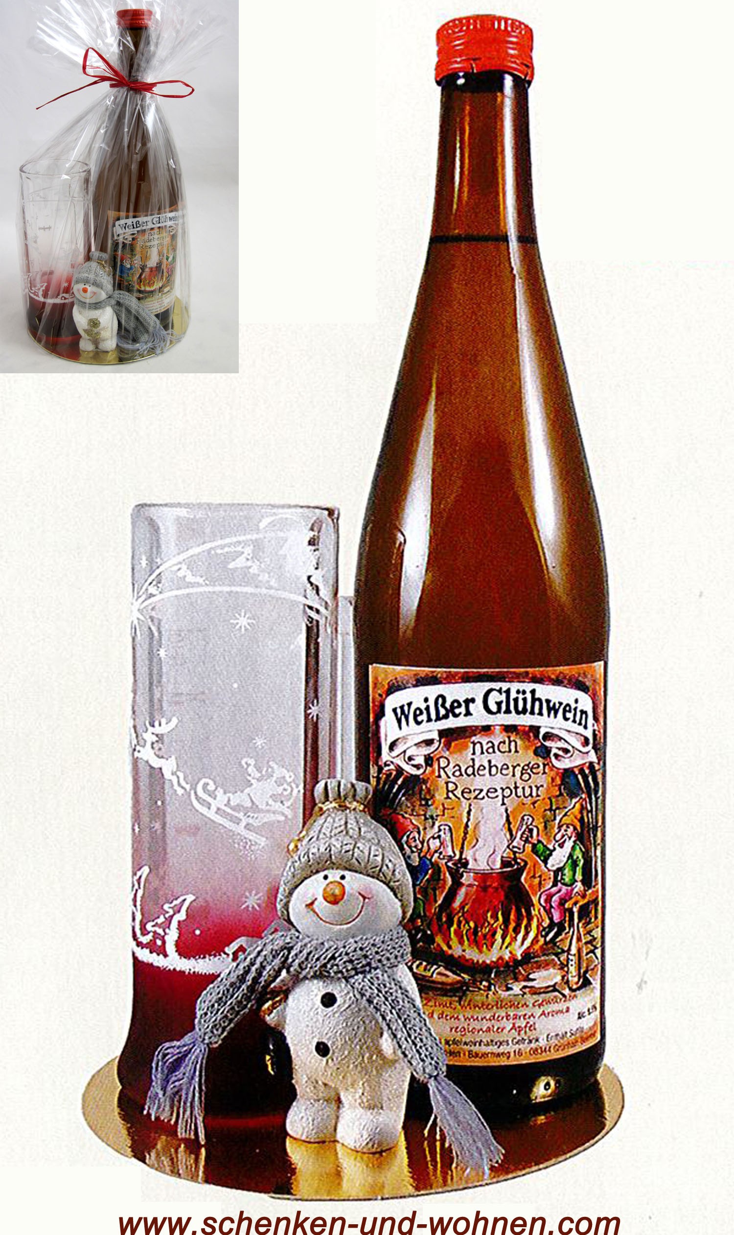Weihnachtsgeschenk mit weißem Glühwein, Glas Wichtel 