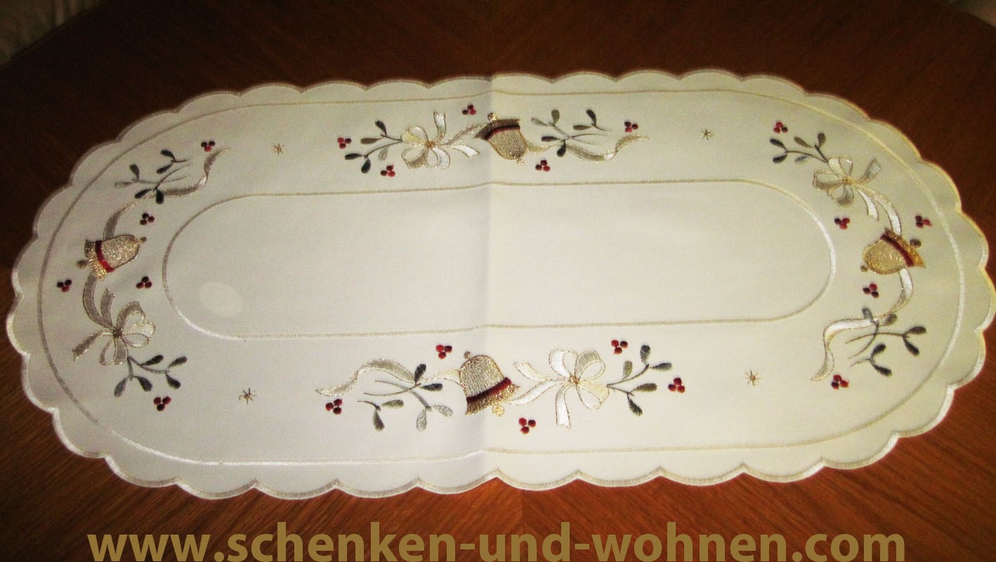 Plauener Spitze Läufer " Glocken " 55 x 27 cm, Satin sekt-rot