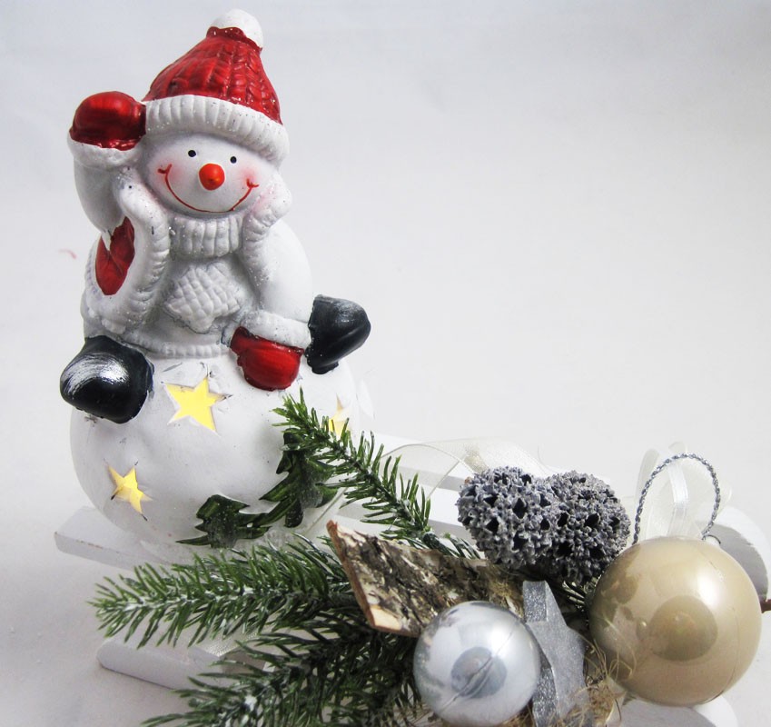 Keramik-Schneemann auf Kugel LED weiß/rot 8 x 8 x 14 cm