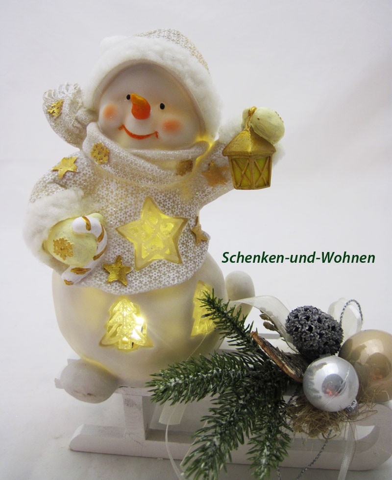 Poly-Schneemann mit LED und Laterne, weiß/gold 15,5 x 10 x 20 cm 