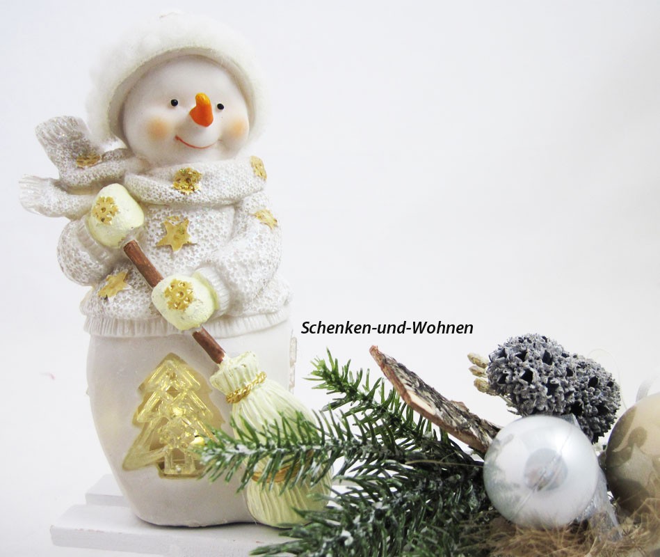 Poly-Schneemann mit LED und Besen, weiß/gold 10 x 7 x 16 cm 