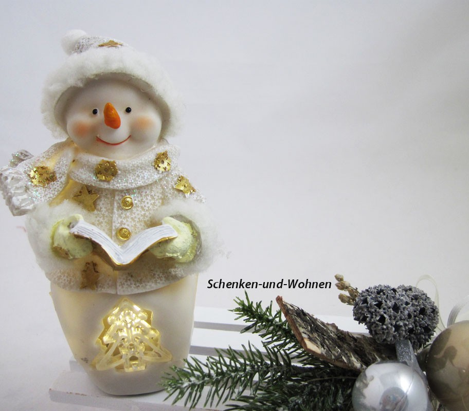 Poly-Schneemann mit LED und Buch, weiß/gold 10 x 7 x 16 cm 