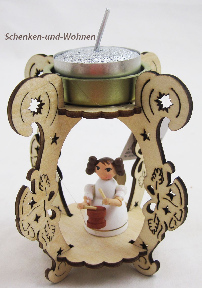 Laserholz-Teelichthalter mit Engelsfigur mit Trommel ca. 12 x 8 x 8 cm                                