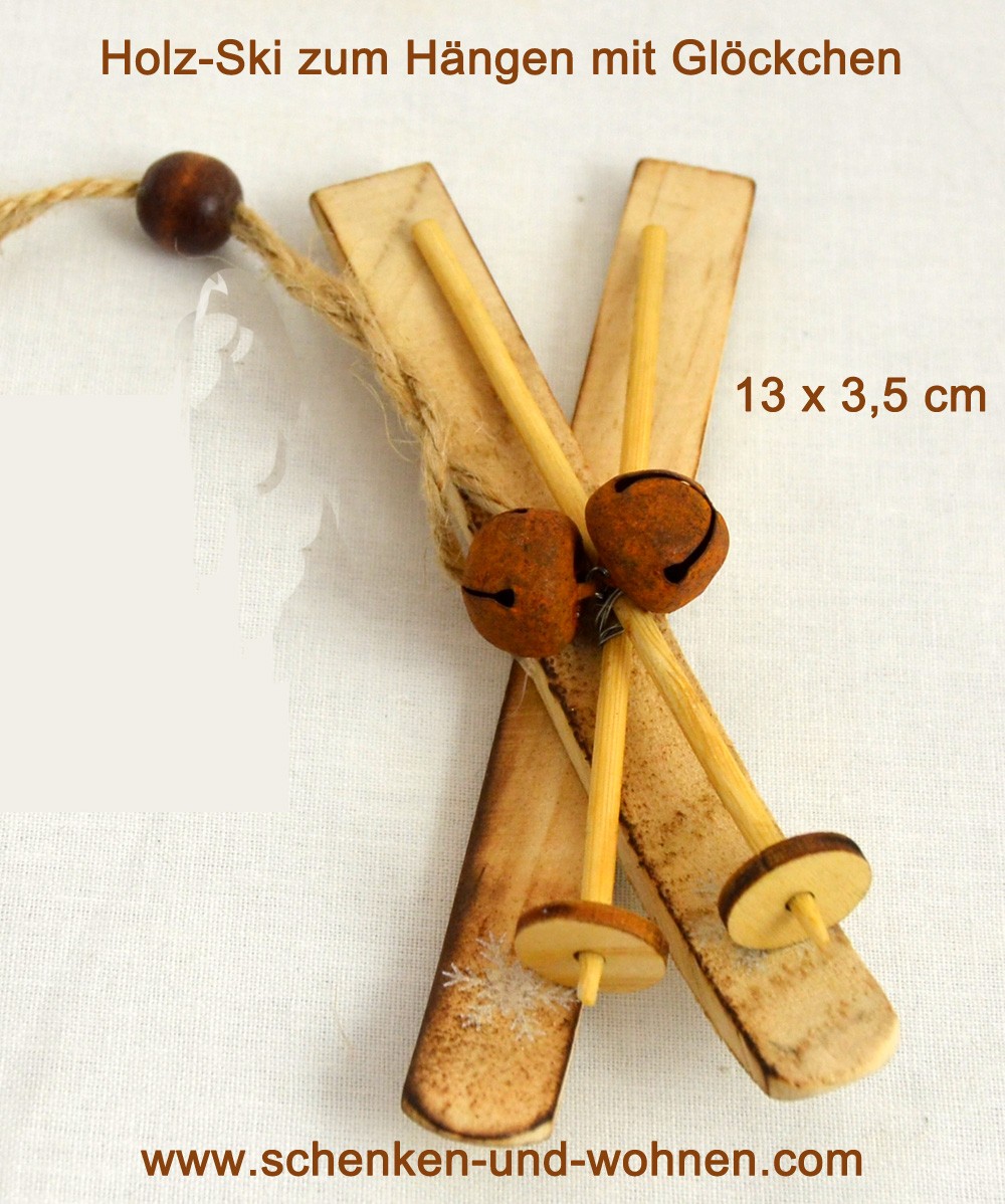 Holz-Ski mit Glocken ca. 3,5 x 13 cm natur/rost