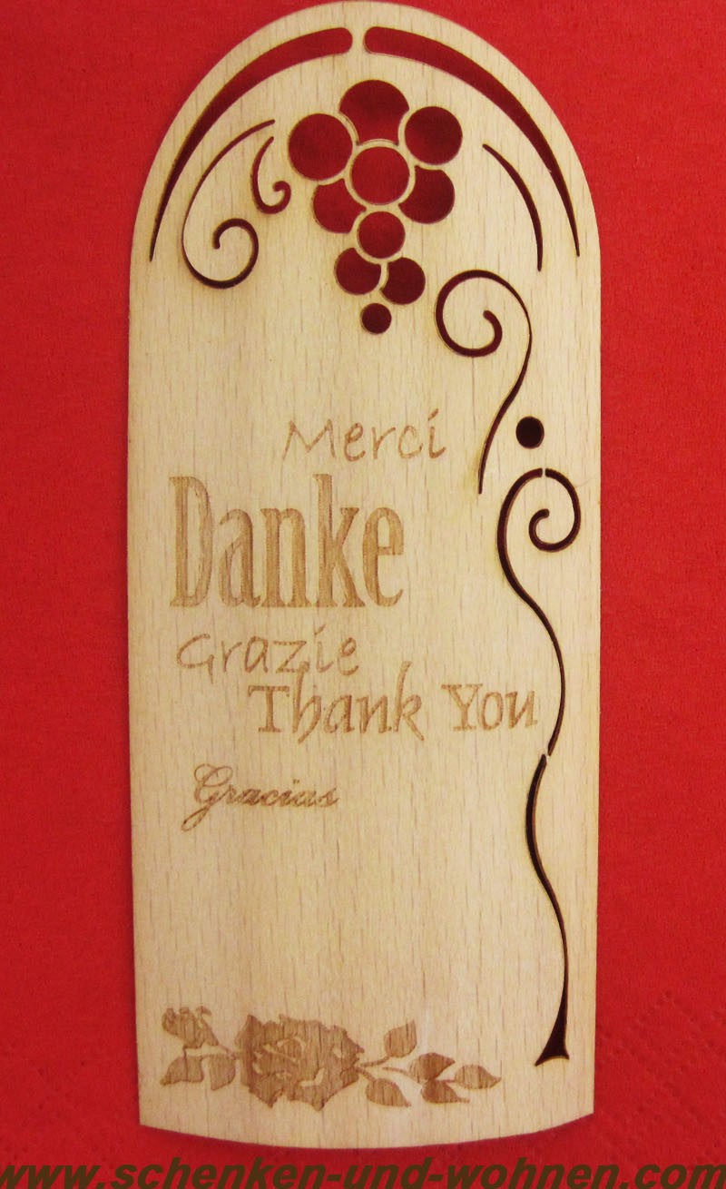 Flaschenetikett - Echtholzfurnier - DANKE - mehrsprachig, selbstklebend