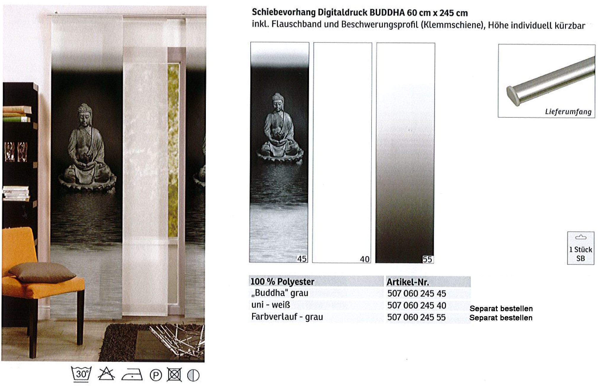 Schiebevorhang Digitaldruck Buddha Grau, ca. 60 x 245 cm