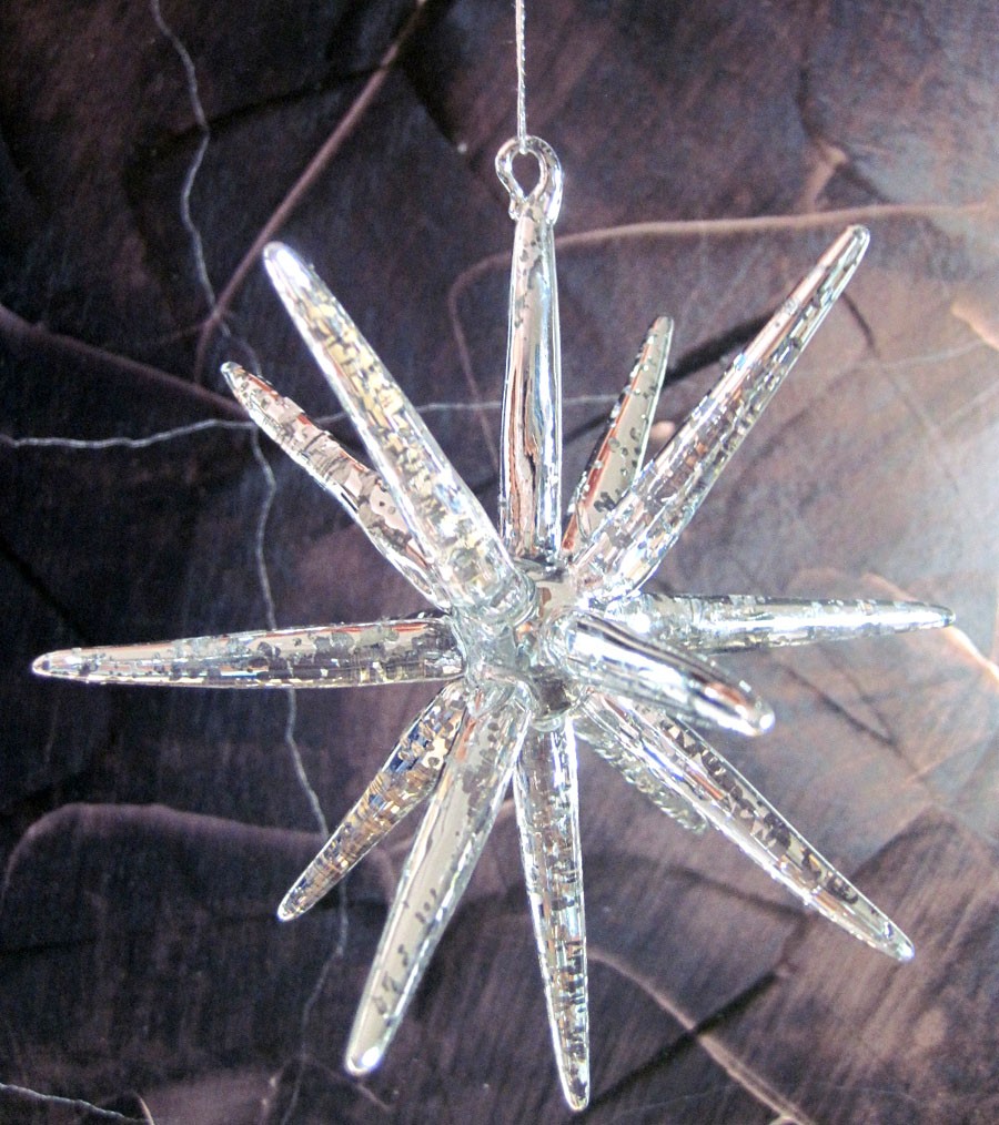 Weihnachtliche Dekoration Glasstern mit Aufhängeöse und Band, silber ca. 12cm