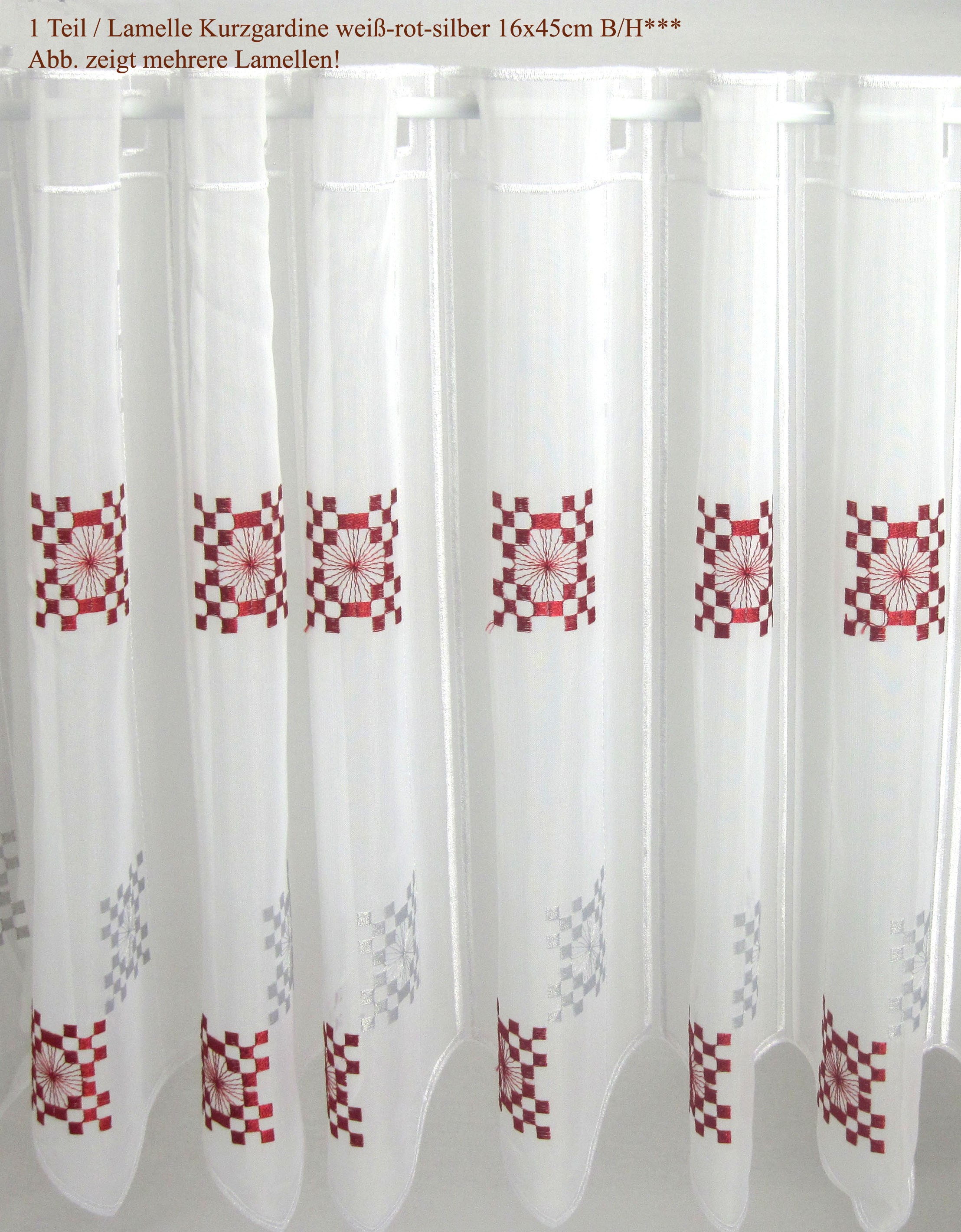 1 Stück Kurzgardine - Panneaux  Rot-Grau ca. 16 cm breit, Höhe 45 cm 