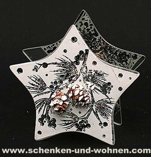 Modernes Teelicht aus Glas Stern mit Tannenzapfen und Glitter 13,5 cm 
