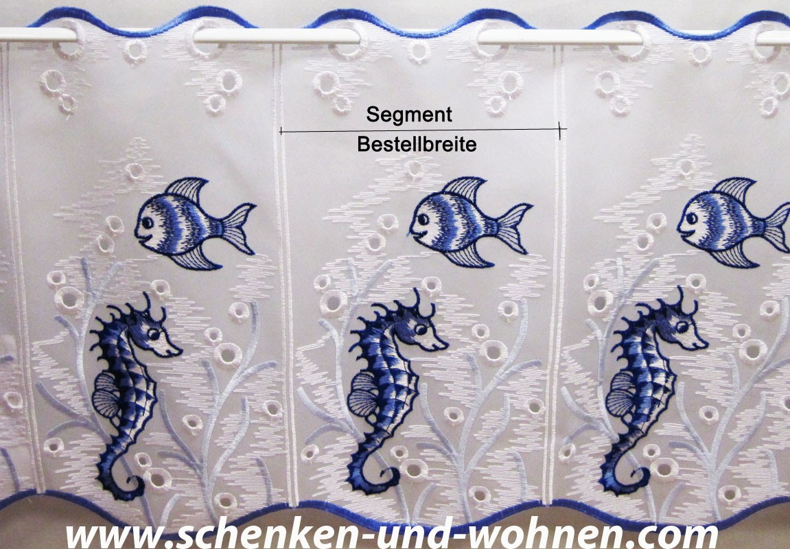 1 Stück Scheibengardine Fische in Blau ca. 16 cm breit, Höhe 33