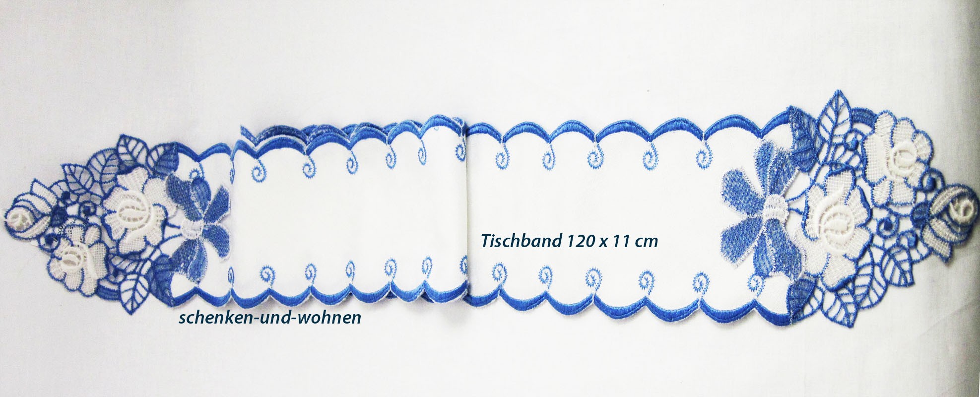 Tischband - Plauener Spitze - blau/weiß mit Rosenmotiv ca. 120 x 11 cm
