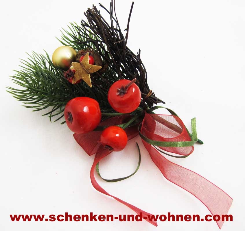 Künstlicher Weihnachts - Pick rot / gold mit Band, Beeren und Geäst ca. 14 cm