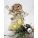 Poly-Schneemann mit LED und Geschenk, weiß/gold 15,5 x 10 x 20 cm 