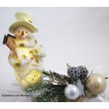 Poly-Schneemann mit LED und Vogelhaus, weiß/gold 10 x 7 x 16 cm 