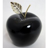 Keramik Apfel schwarz mit goldenem Stiel und Blatt Höhe ca.15cm